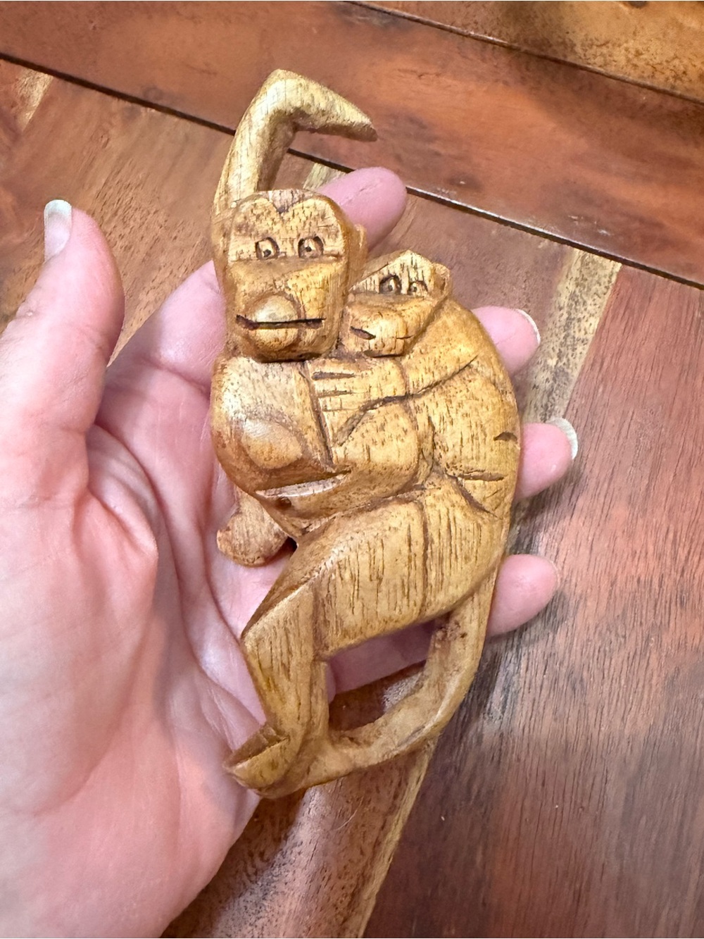 vintage, hand-carved wooden monkey figurine with baby folk art tiki decor